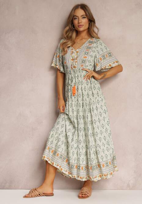 Miętowa Sukienka Maxi z Krótkim Rękawem i Gumką w Talii Emaya