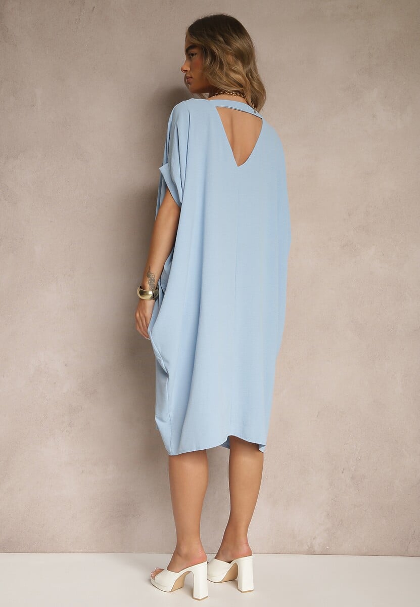 Niebieska Sukienka Mini o Fasonie Nietoperza z Okrągłym Dekoltem Maglia