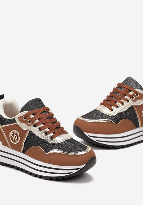 Brązowe Sneakersy na Platformie z Brokatem na Cholewce Hlemma