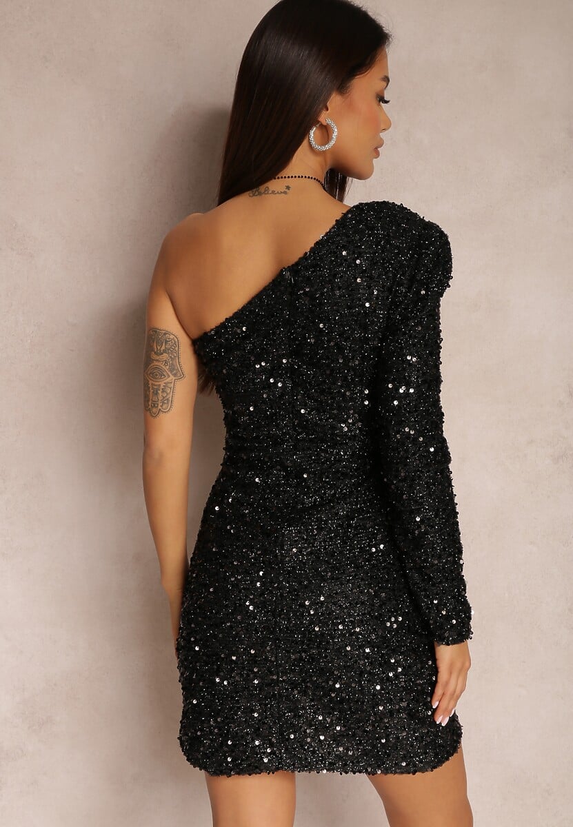 Czarna Sukienka Asymetryczna Cekinowa Ecie