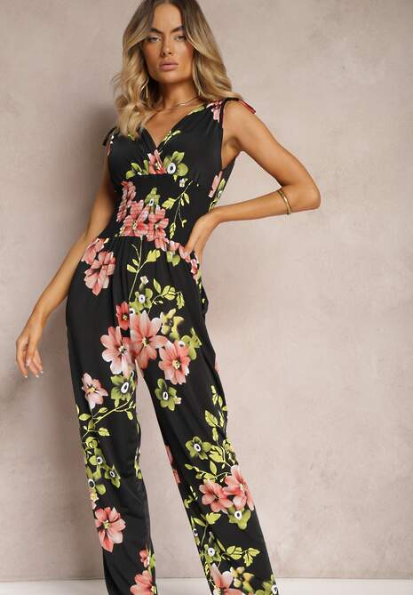 Czarno-Różowy Kombinezon z Ściągaczami na Ramionach w Kwiatowy Wzór Almora