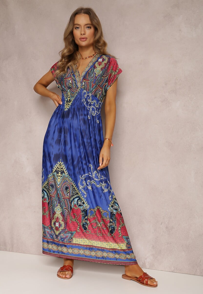 Niebieska Sukienka o Kopertowym Kroju w Ornamentalny Print Nalori