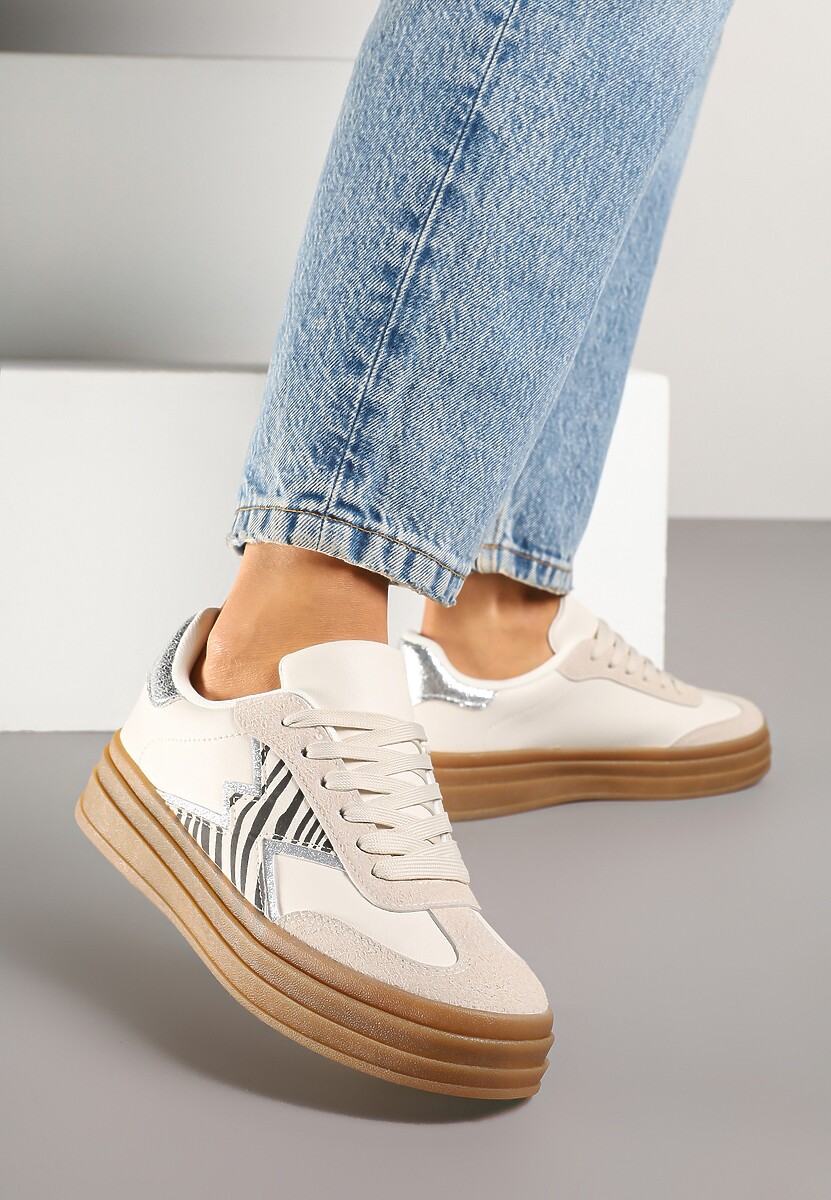 Beżowe Sneakersy w Stylu Tenisówek z Brokatowymi Wstawkami i Printem w Zeberkę Salliotta