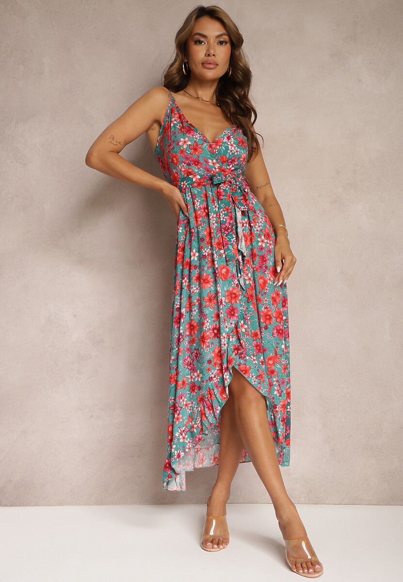 Zielono-Czerwona Kopertowa Sukienka z Bawełny w Kwiaty na Ramiączkach Rissanda