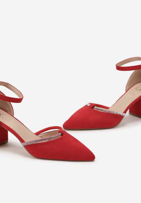 Czerwone Czółenka z Imitacji Zamszu na Słupku z Błyszczącym Zdobieniem Vilename