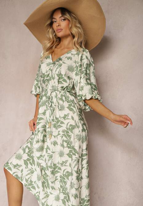 Zielono-Biała Wiskozowa Sukienka Wiązana w Talii z Ozdobnymi Rękawami Nanea