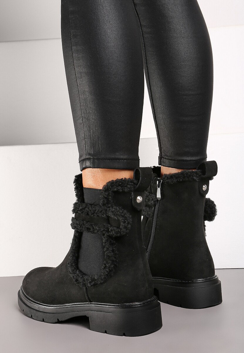 Czarne Ekozamszowe Botki Typu Sztyblety z Ozdobnymi Futrzanymi Wstawkami Inavelia
