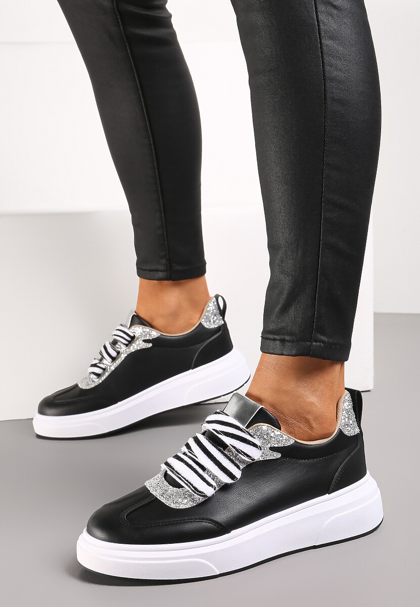 Czarne Sneakersy z Brokatową i Metaliczną Wstawką i Zapięciem na Rzep Tinarima