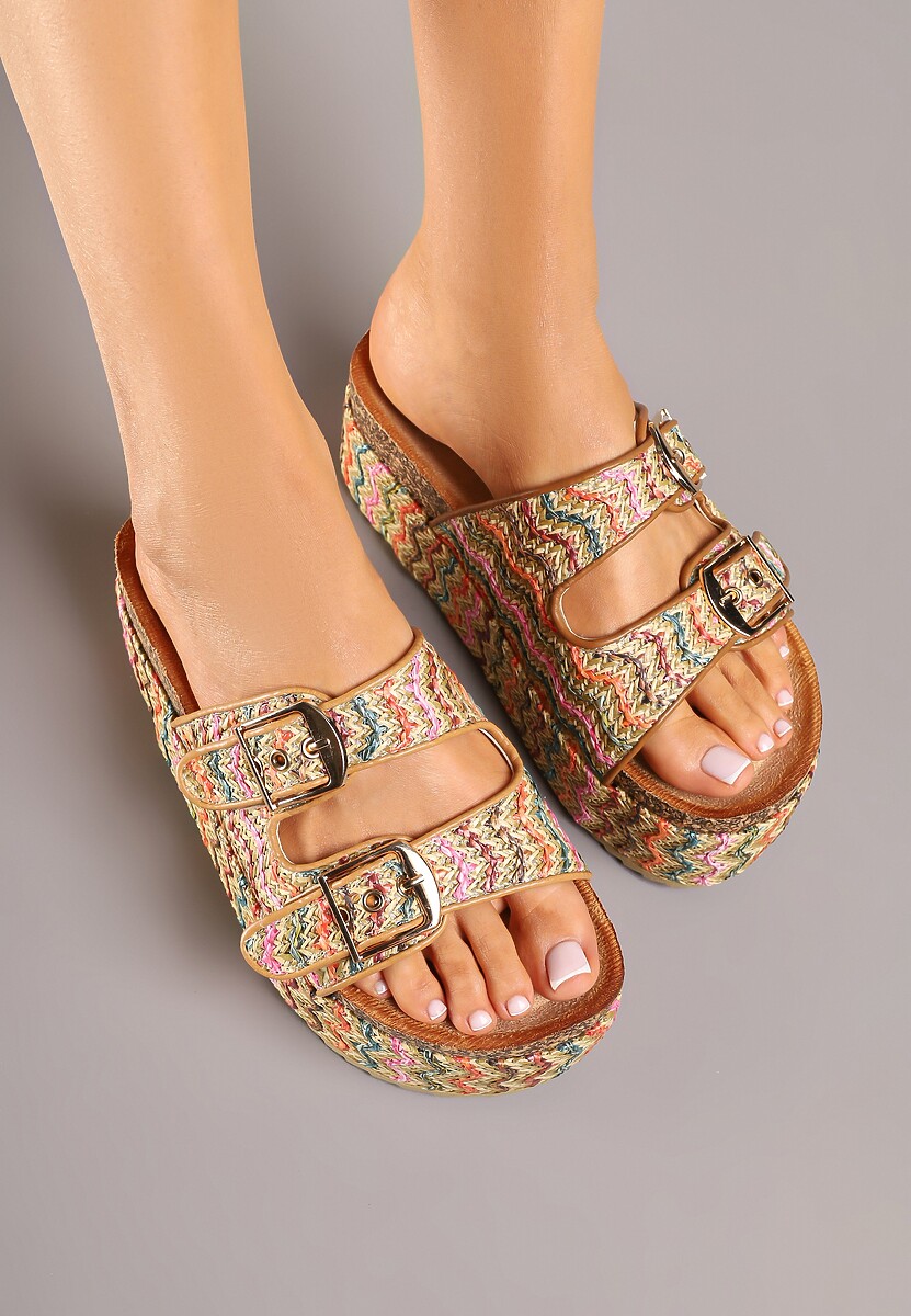 Ciemnobeżowe Plecione Klapki na Grubej Podeszwie w Geometryczny Wzór Fevilise