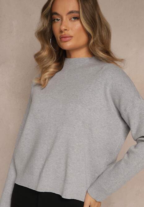 Szary Pudełkowy Sweter z Półgolfem o Gładkim Wykończeniu Unala