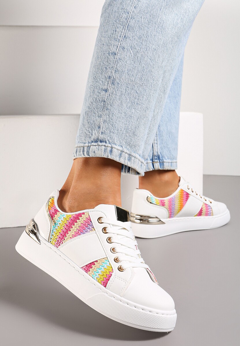 Biało-Różowe Sznurowane Sneakersy z Ekoskóry z Plecionką i Metaliczną Wstawką Josephina