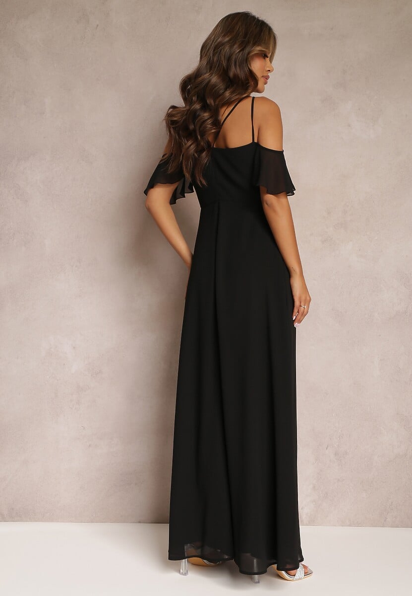 Czarna Rozkloszowana Sukienka Maxi o Kopertowym Fasonie na Cienkich Ramiączkach Burwena