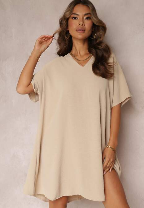 Beżowa Sukienka o Kroju Nietoperza z Ozdobnym Wiązaniem na Plecach Cylean