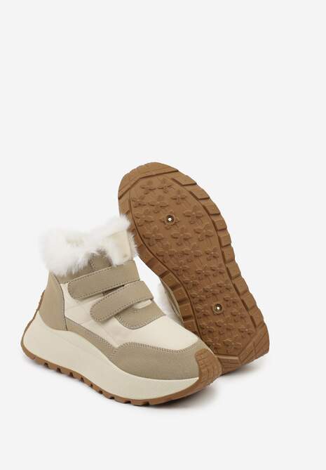 Beżowe Sneakersy Śniegowce Vices z Futerkiem na Platformie Zapinane na Rzep Nelosena