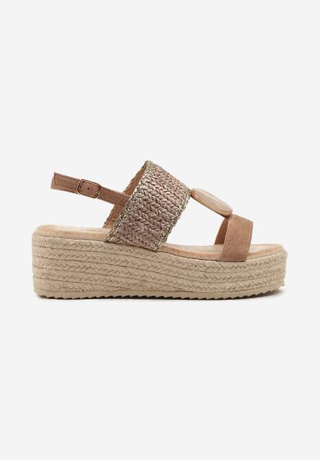 Brązowe Sandały na Plecionej Platformie z Ozdobą Faloti