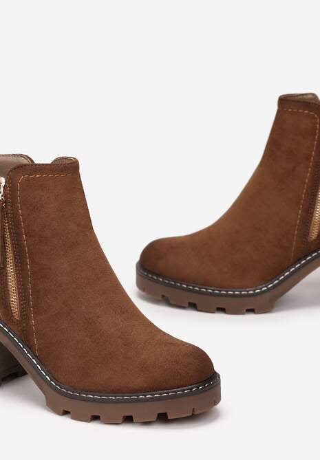 Brązowe Botki na Słupku Boho z Suwakiem Kodra