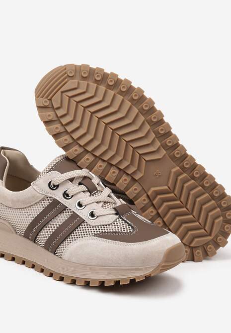 Beżowo-Brązowe Sneakersy z Wkładką ze Skóry Naturalnej w Paski Lenirna