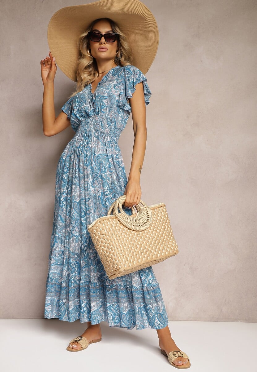 Niebieska Bawełniana Sukienka Paisley z Kopertowym Dekoltem z Falbaną i Gumką w Talii Brionea