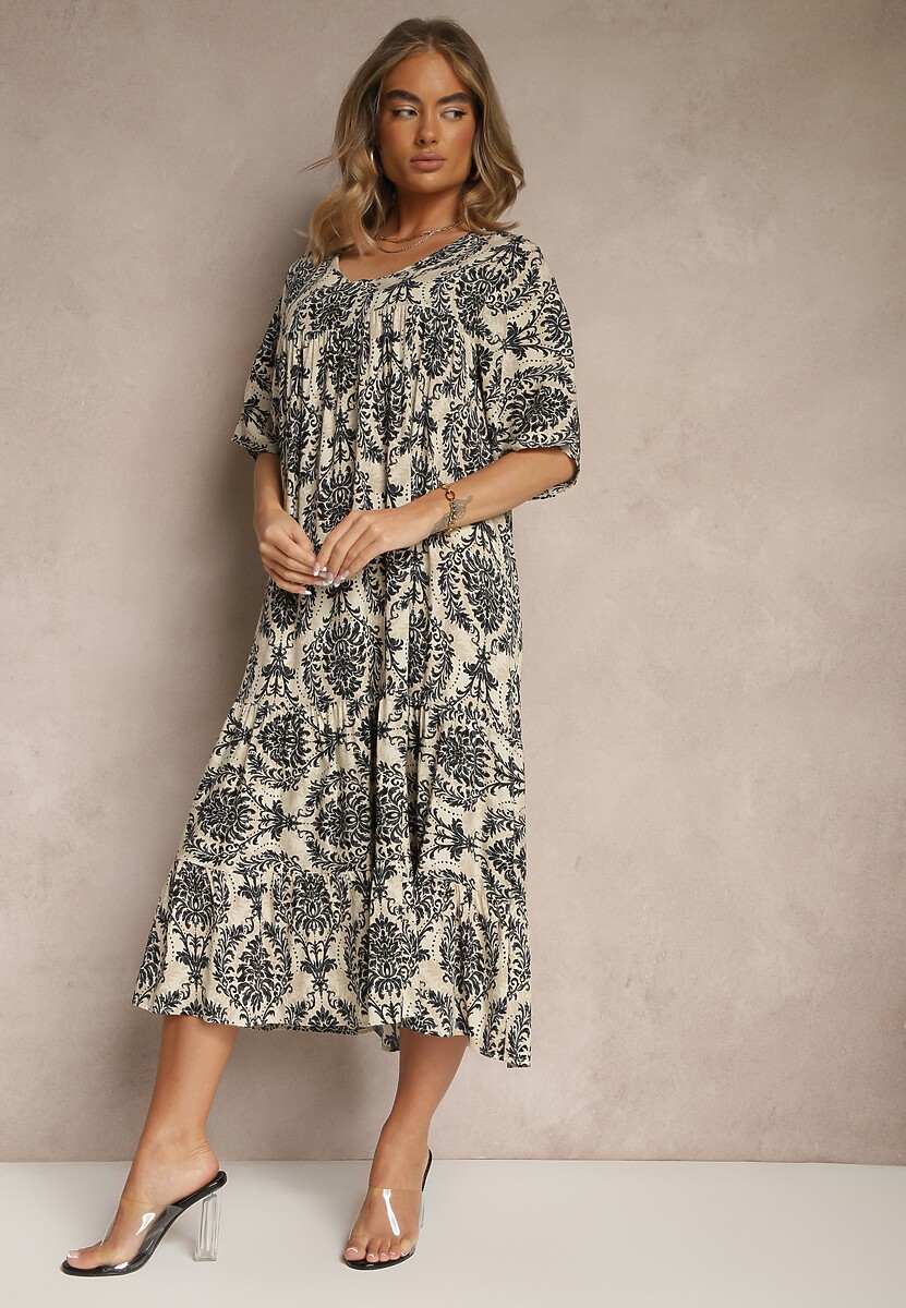 Ciemnozielona Sukienka z Bawełną i Abstrakcyjnym Motywem Filarella