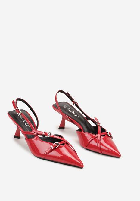 Czerwone Lakierowane Sandały z Obcasem Kaczuszką Ozdobione Paskami ze Sprzączkami Falinivia