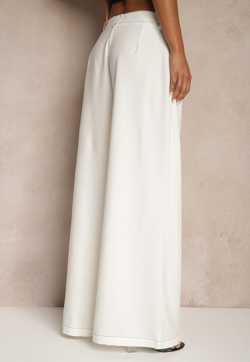 Białe Szerokie Spodnie High Waist z Wiskozą z Ozdobnymi Przeszyciami Linadia