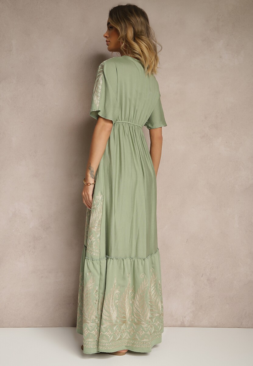Zielona Wiskozowa Sukienka Boho o Kopertowym Kroju z Metalicznym Haftem Redeselle