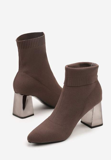Brązowe Skarpetkowe Botki Vices na Metalicznym Słupkowym Obcasie Widvira