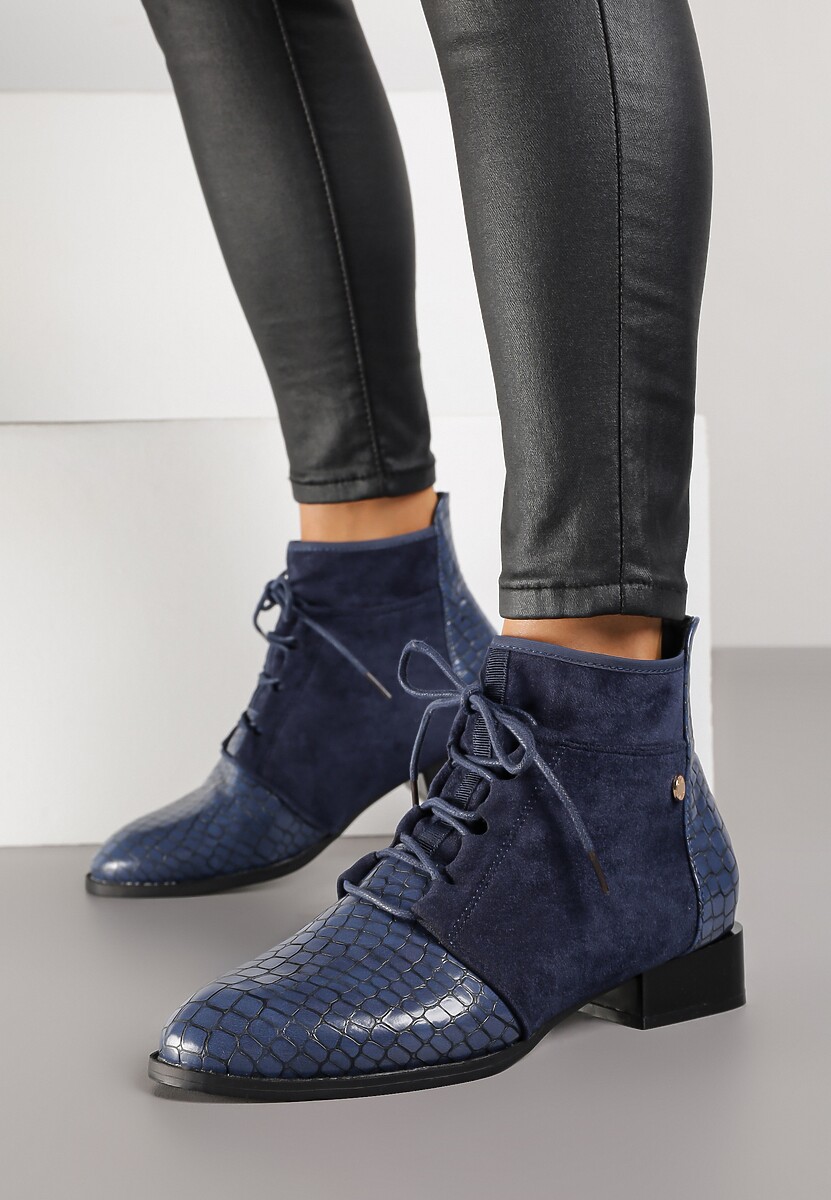 Granatowe Sznurowane Botki do Kostki Vices Zdobione Tłoczeniem Skóry Węża Wedvire