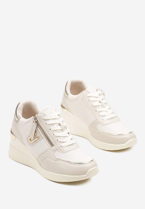 Beżowe Sneakersy na Koturnie z Ozdobnym Zamkiem Błyskawicznym Hanarael