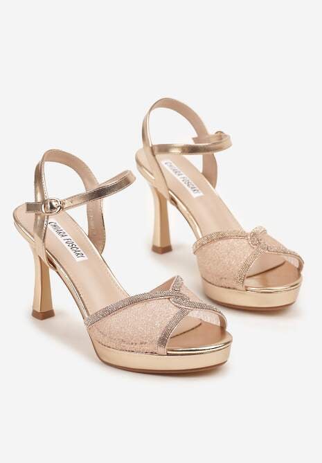 Szampańskie Sandały na Szpilce Ozdobione Motywem Cyrkonii i Koronki Fodinna