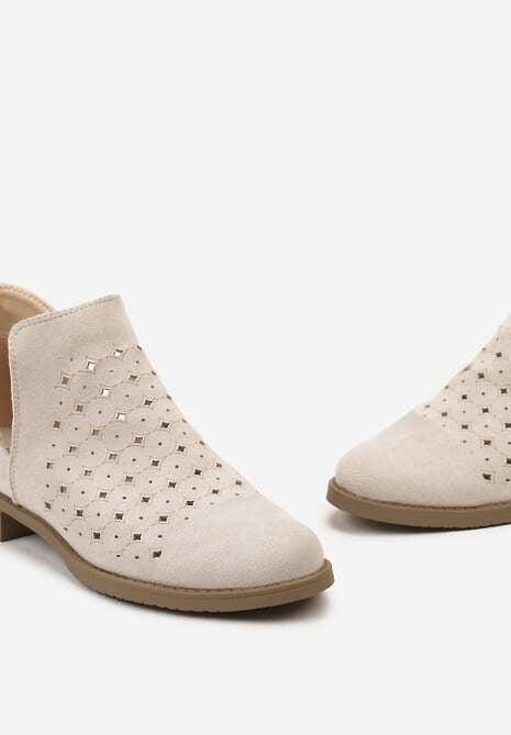 Beżowe Botki Sztyblety z Ażurową Cholewką Ozdobioną Rozcięciem Aniosa