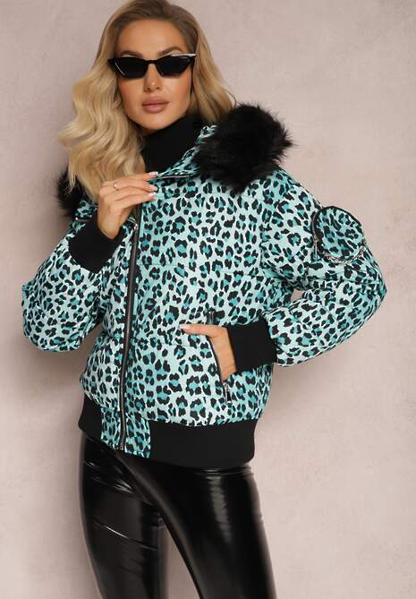 Jasnozielona Pikowana Kurtka w Panterkę z Kapturem i Ozdobną Saszetką Sadeve
