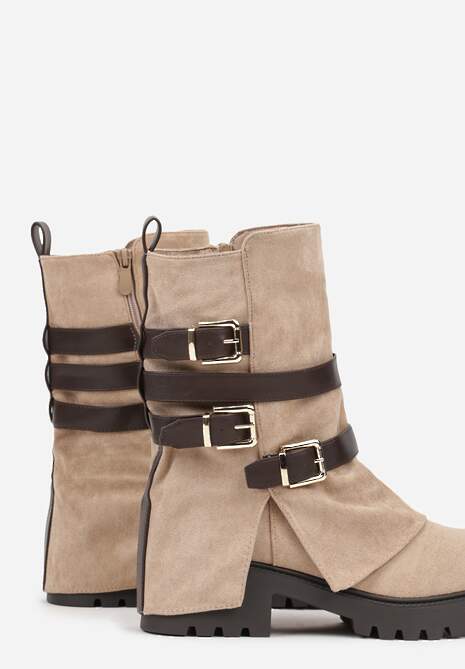 Ciemnobeżowe Botki Bikery Ozdobione Klamrami i Wywiniętą Cholewką Seride