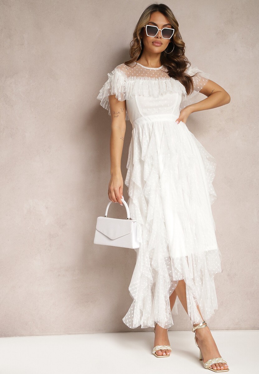 Biała Rozkloszowana Sukienka z Transparentnymi Wstawkami z Koronki Saela