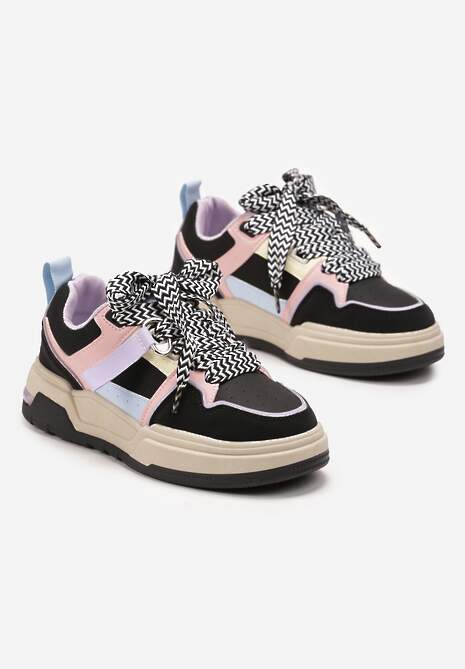Czarne Sneakersy na Płaskiej Podeszwie z Grubymi Sznurówkami i Przeszyciami Joliat