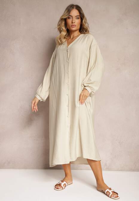 Beżowa Sukienka w Stylu Koszulowym z Bufiastymi Rękawami i Wiskozą Denisea