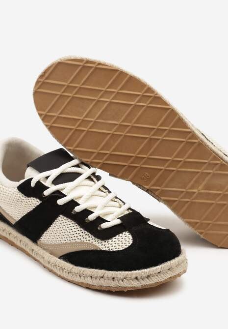 Czarno-Beżowe Sneakersy Typu Kultowe Tenisówki Zdobione Przeszyciami Grelloti