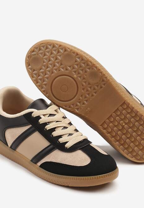 Czarno-Beżowe Sneakersy Sportowe przed Kostkę z Ozdobnymi Paskami Zonevia