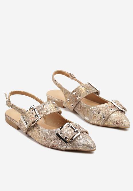 Złote Sandały Typu Slingback z Ozdobnymi Klamrami Tathelis