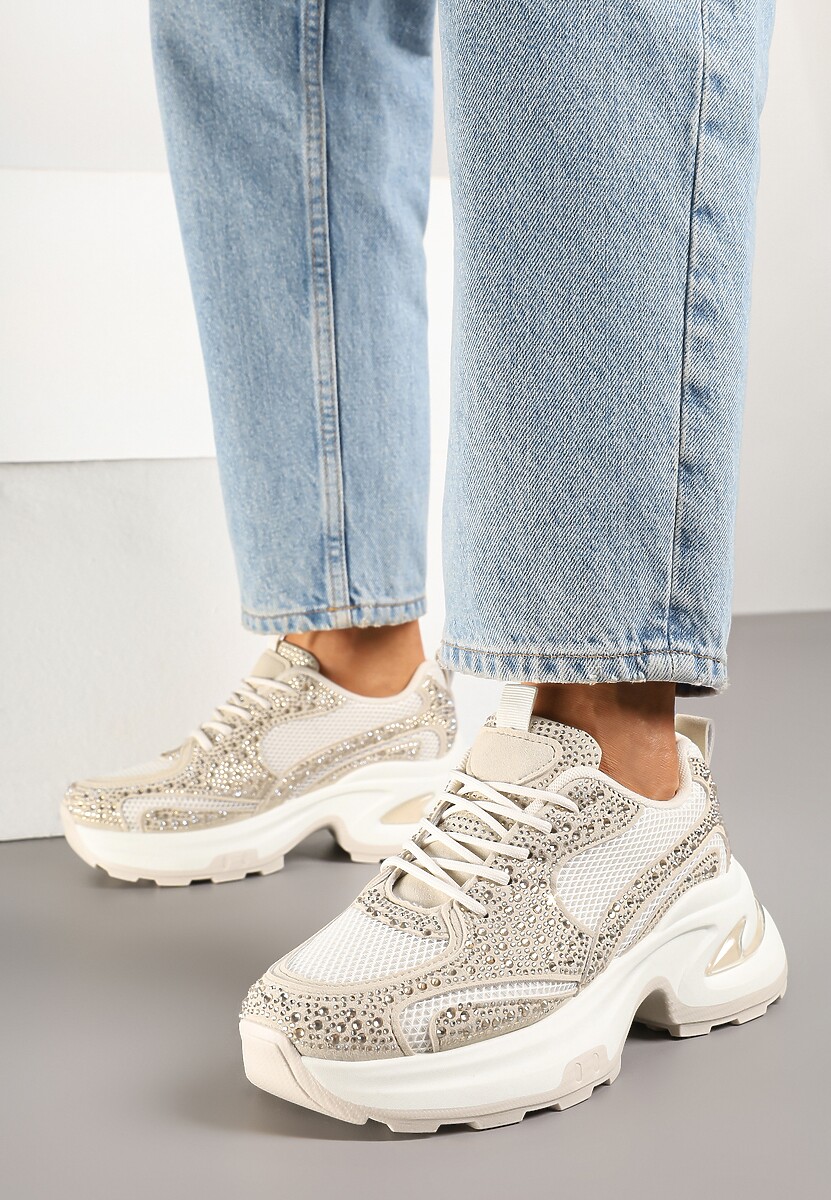 Beżowe Sneakersy na Platformie Ozdobione Cyrkoniami Kornelai