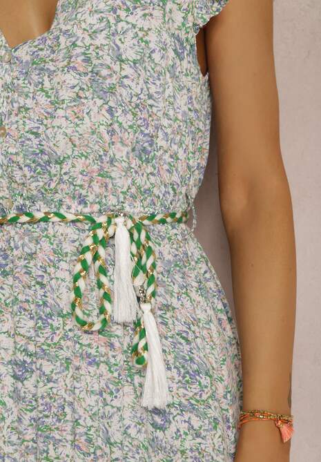 Biało-Zielona Sukienka ze Sznurkiem Olathe