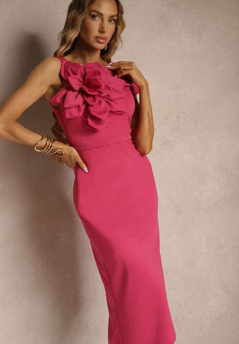 Fuksjowa Koktajlowa Asymetryczna Sukienka Vices z Kwiatem 3D i Falbankami Tolelira