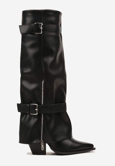 Czarne Kozaki na Stożku z Cholewką Imitującą Nogawkę z Klamrami i Suwakiem Erseria