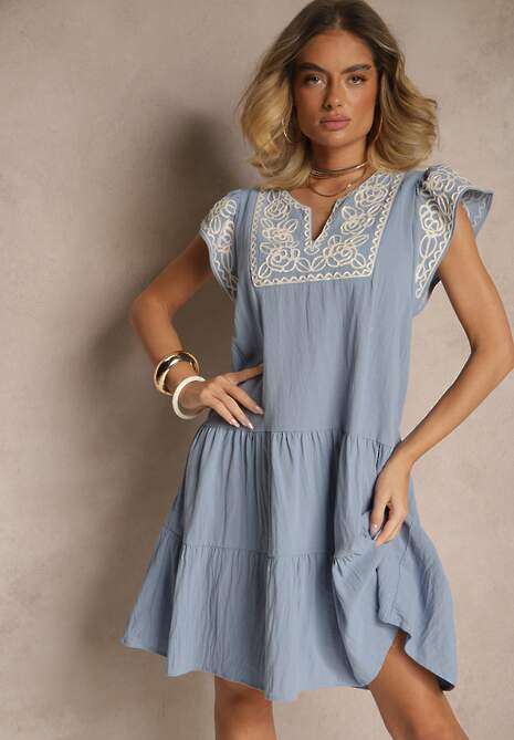Jasnoniebieska Bawełniana Sukienka Boho Ozdobiona Haftami Eviriella