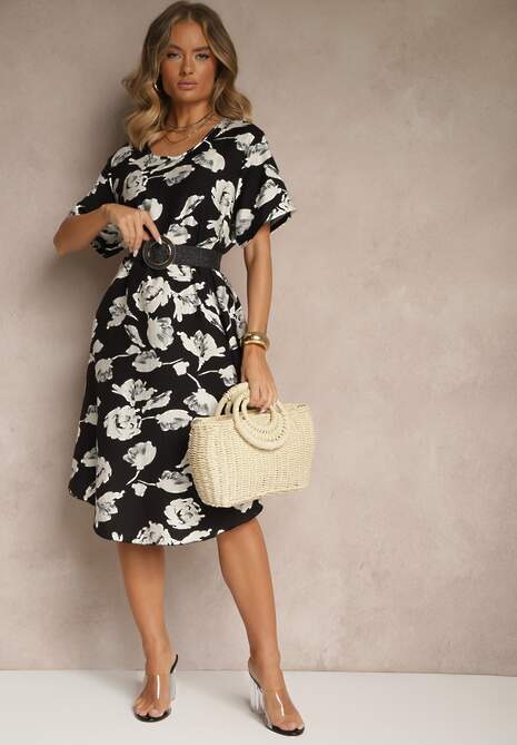 Czarna Sukienka Pudełkowa z Wiskozy w Kwiaty Aranolia