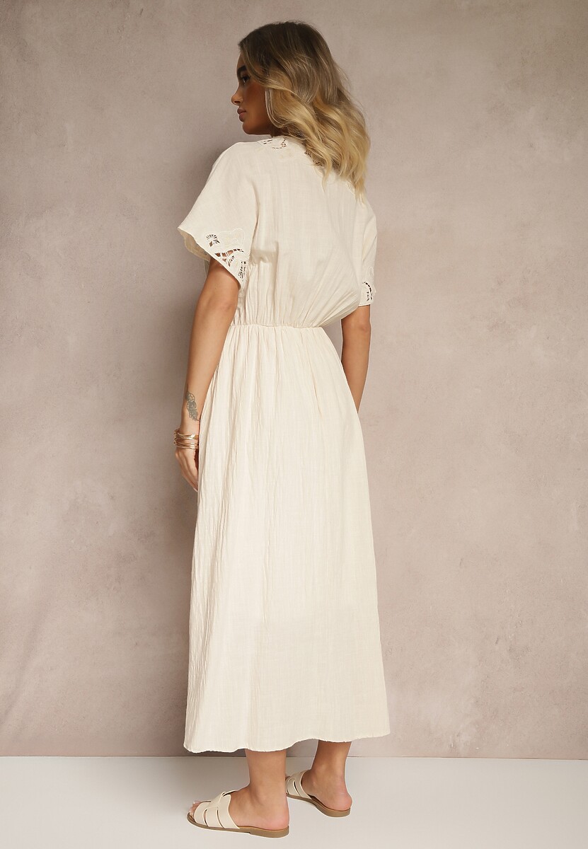 Beżowa Bawełniana Sukienka w Stylu Boho z Kieszonkami Orrane