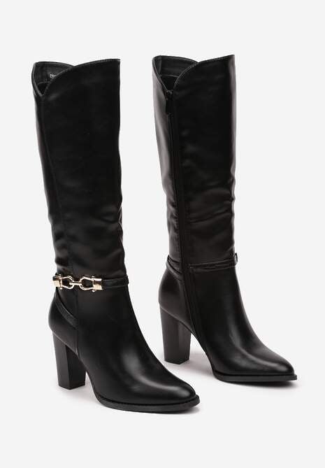 Czarne Kozaki na Słupku Muszkieterki z Klamerką Vortilina