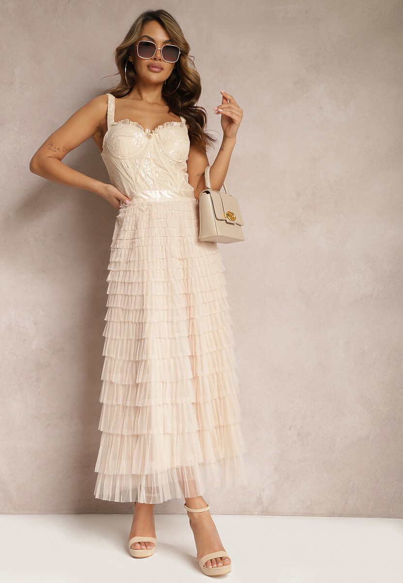 Jasnobeżowa Maxi Sukienka Rozkloszowana Sukienka na Ramiączkach z Gorsetową Górą Ocartia