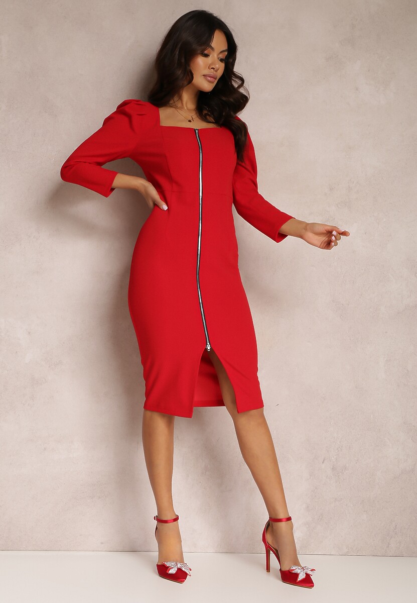 Czerwona Sukienka z Kwadratowym Dekoltem i Suwakiem z Przodu Ninime