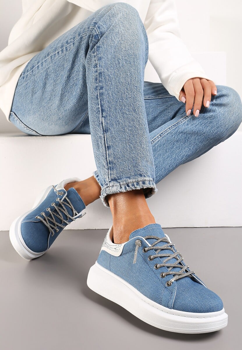 Niebieskie Sneakersy ze Wstawką z Brokatem i Cyrkoniami na Grubej Podeszwie Mimivia